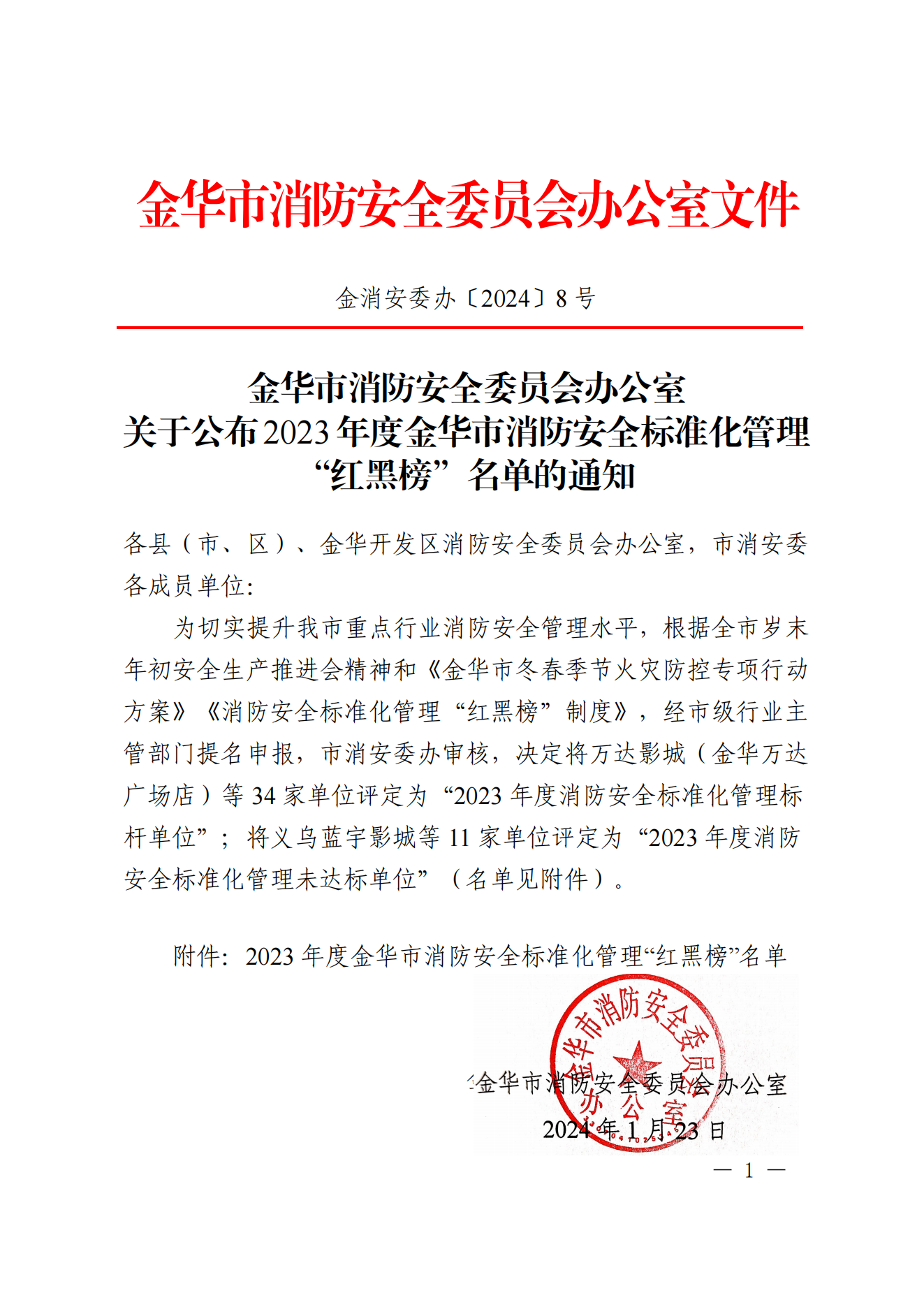 金華市消防安全委員會辦公室關于公布2023年度金華市消防安全標準化管理“紅黑榜”名單的通知_00.png